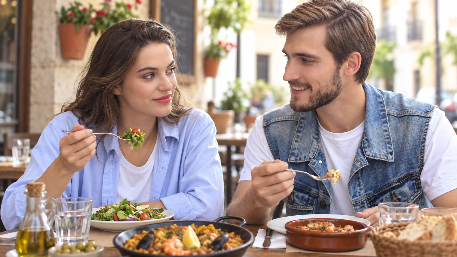 La misma pareja disfruta de una comida en el restaurante
